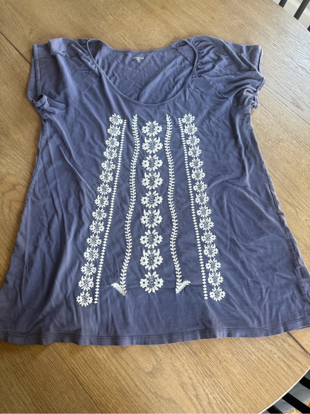 Garnet Hill Boho Slate Blue Gray Embroidered Peasant Top Medium